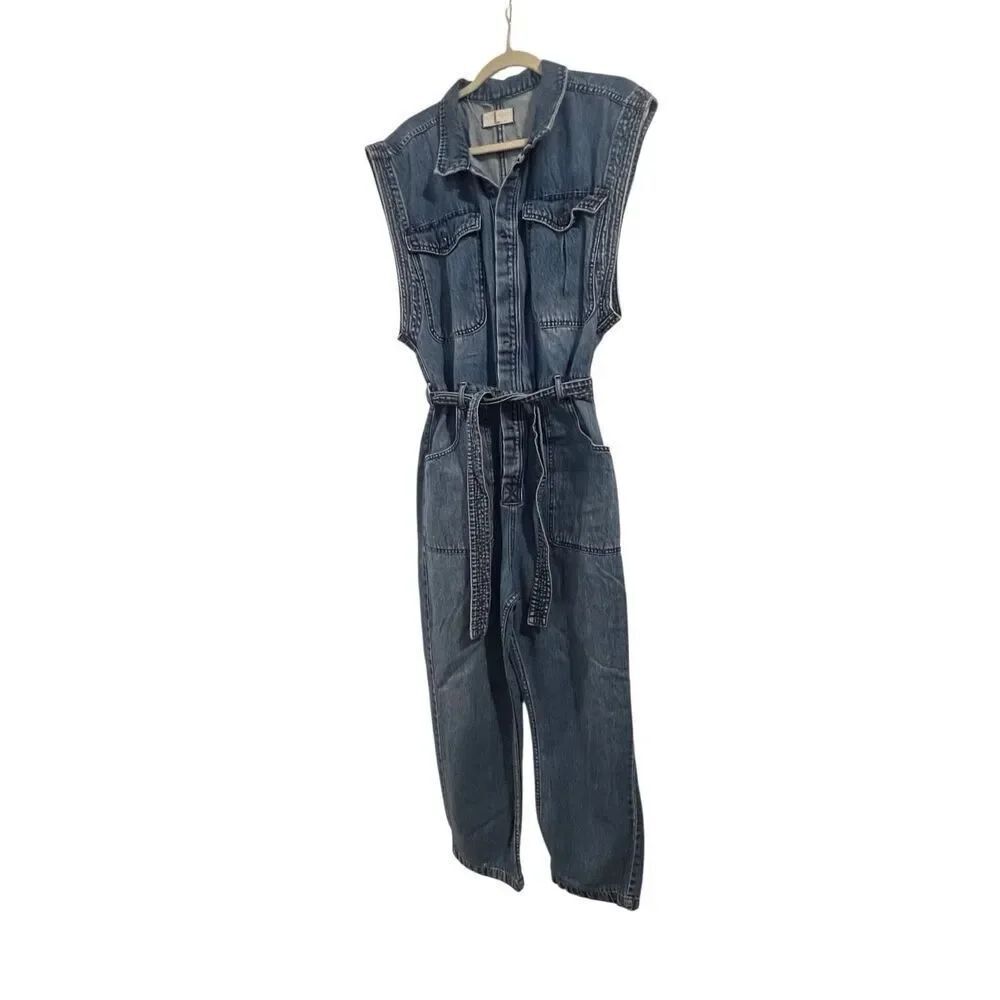 Free People We The Free Womens Denim Sydney Sleeveless Ankle Jumpsuit Blue Large